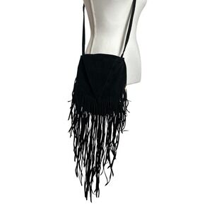 Vintage Y2K Rue21 Black Suede Fringe Crossbody Bag Boho Festival Shoulder Purse